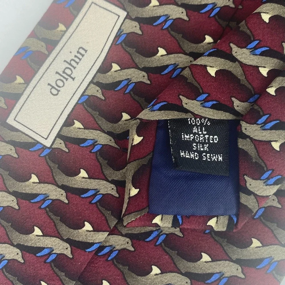 Ties to Nature Mens Neck Tie Burgundy Dolphin Porpoise Pattern Novelty Silk 59x4